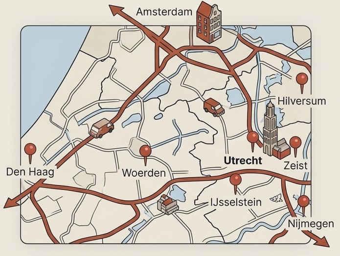 Werkgebied kaart: Utrecht en omgeving, waaronder Nieuwegein, Houten, Zeist, IJsselstein, Woerden en Hilversum